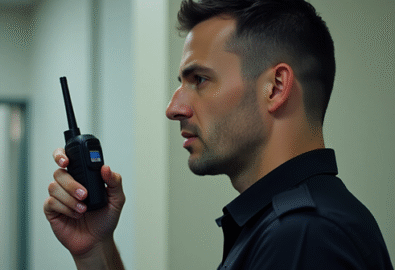 A security guard in a black uniform holding a radio, standing in a dimly lit hallway, reports to his colleagues.