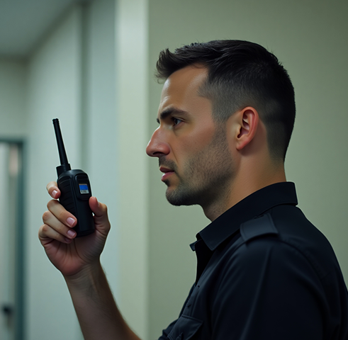 A security guard in a black uniform holding a radio, standing in a dimly lit hallway, reports to his colleagues.