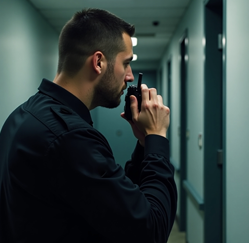 A security guard in a black uniform holding a radio, standing in a dimly lit hallway with a closed door.