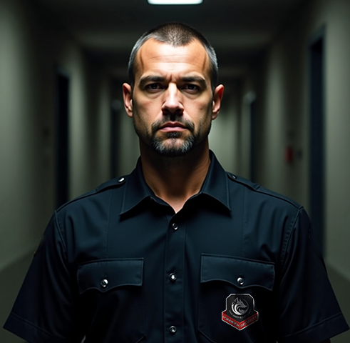 A commercial security guard in a black uniform with a badge, standing confidently in a dimly lit hallway with closed doors.