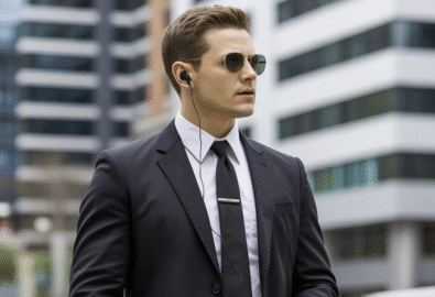 Professional male security guard in a black suit, white shirt, and black tie, wearing aviator sunglasses and an in-ear earpiece, standing outdoors with modern buildings in the blurred background. He looks alert and focused.