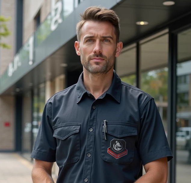 A security officer in a dark short-sleeved uniform with a badge, standing outdoors near a modern building.