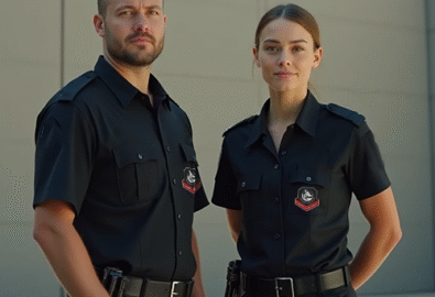 Two security guards, dressed in black uniforms with badges, stand side by side against a modern building background.