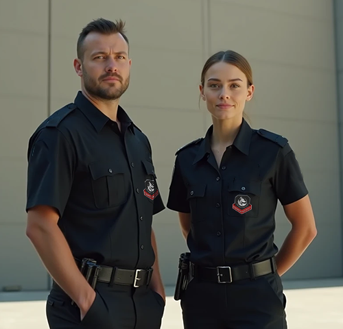 Two security guards, dressed in black uniforms with badges, stand side by side against a modern building background.