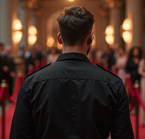 A view from the back of a security guard in a black uniform overseeing a red carpet event with people and warm lighting in the background.