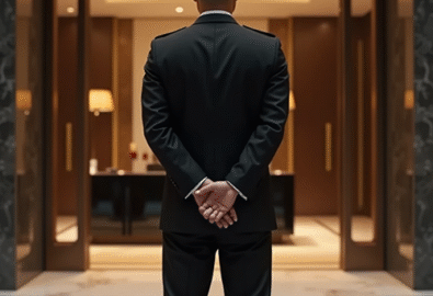 A corporate security guard in a black suit, standing with his hands behind his back, facing away in a luxurious office lobby with marble floors and warm lighting.