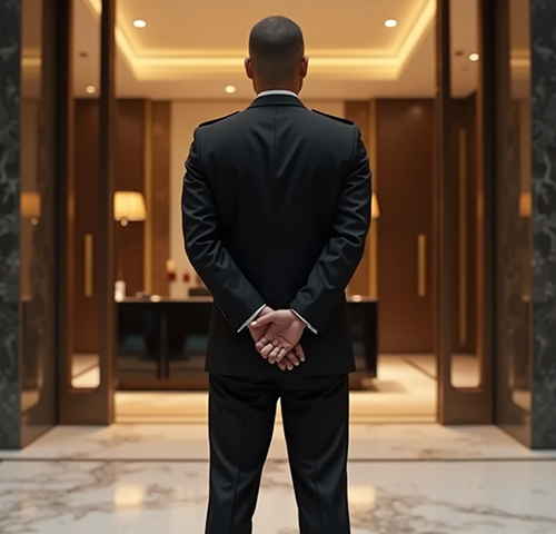 A corporate security guard in a black suit, standing with his hands behind his back, facing away in a luxurious office lobby with marble floors and warm lighting.