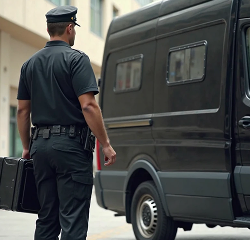 A security guard in a black uniform and cap is walking with a briefcase near a black van on a city street, performing cash-in-transit.