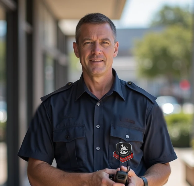 A security officer in a dark short-sleeved uniform with a badge, standing outdoors in front of a modern building, holding a radio.