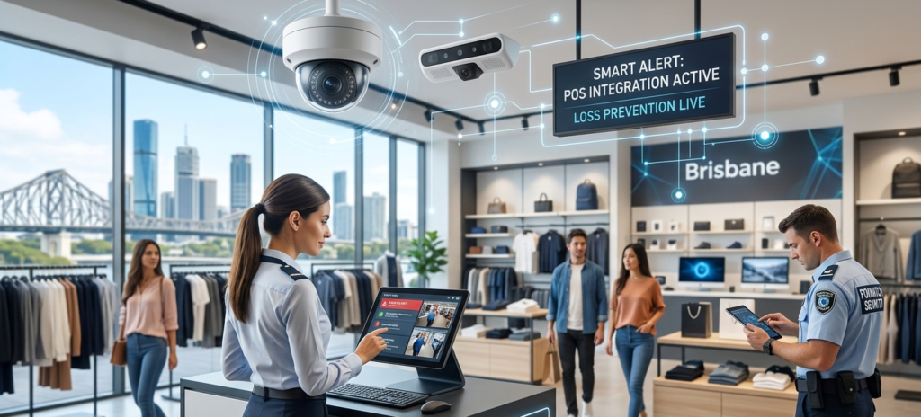Smart retail store technology showcasing modern CCTV cameras and point-of-sale integration for retail loss prevention Brisbane, featuring Foxwatch Security systems.