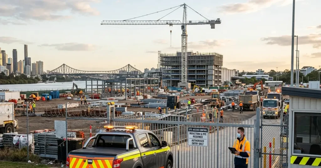 A security officer manages access control at a gated industrial development, exemplifying effective industrial site security brisbane with cranes and the river skyline visible in the background.