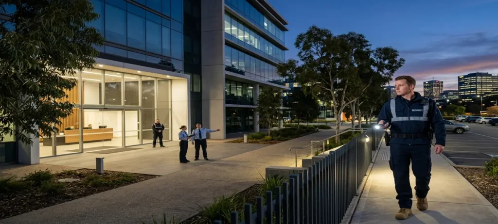A professional security guard performing a corporate risk evaluation australia site inspection outside an Australian office building.
