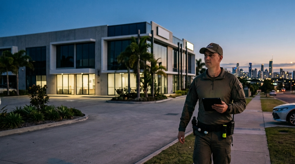 Gold Coast commercial security 2026 guard conducting an after-hours mobile patrol outside a modern commercial property at dusk.