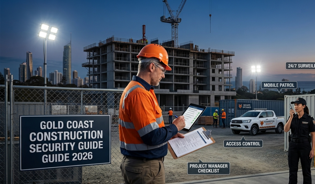  A professional photograph of a construction site security supervisor reviewing a checklist on a tablet, with a security guard, surveillance cameras, and clear signage highlighting comprehensive construction security Gold Coast.
