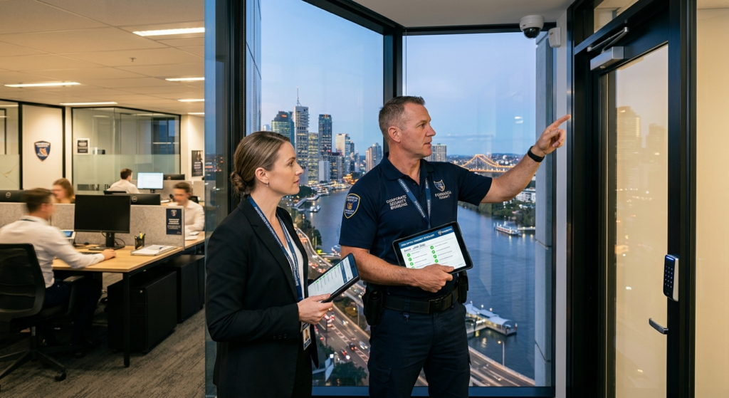 A security professional conducting a business audit next to an office window overlooking the Brisbane city skyline, demonstrating corporate security Brisbane 2026 solutions.