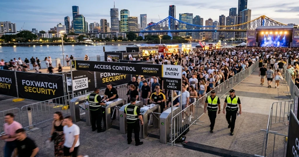 FoxWatch event security Brisbane team managing crowd control and access control points at a riverside festival with the Story Bridge in the background.
